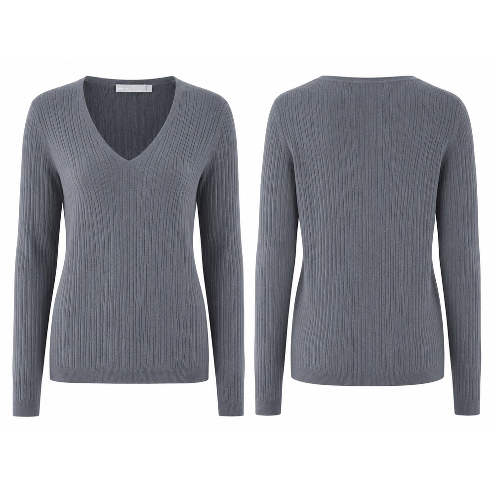 Vince 100% Cashmere Ribbed V Neck Sweater Womens Large Gray Luxury Knit Chic